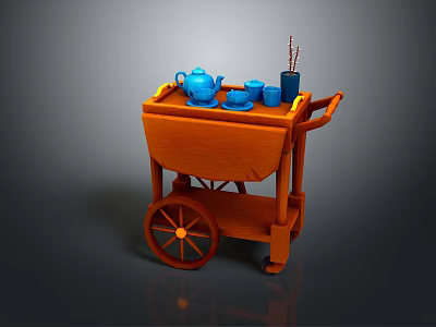 Orange Dining Cart With Blue Teapot Tea Cups And Chopsticks Container 3d model