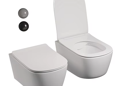 Two Modern White Toilets With Closed And Open Lid And Flush Buttons 3d model