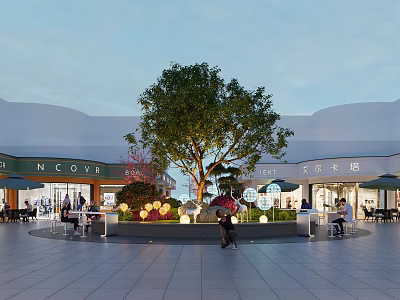 Vibrant Commercial Street with Circular Square Central Large Tree Shops Outdoor Seating Decorative Lights and Pedestrians 3d model