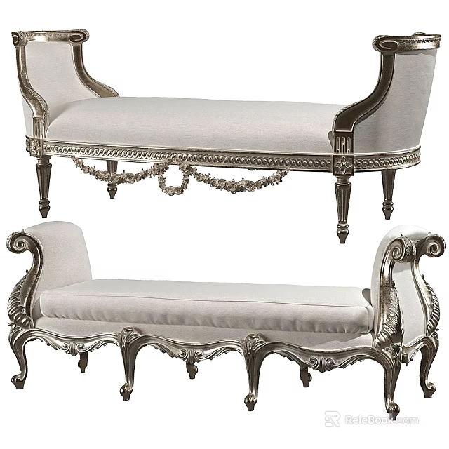 Elegant European Style Bench With Intricate Carvings Metal Frame And Light Fabric 3d model 