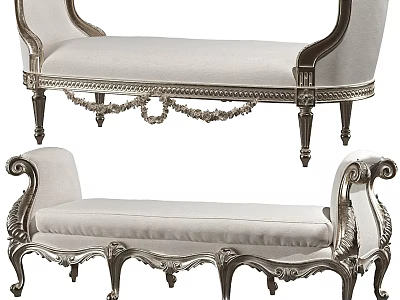 Elegant European Style Bench With Intricate Carvings Metal Frame And Light Fabric 3d model