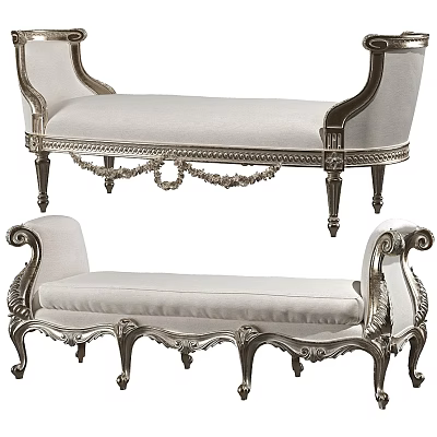 Elegant European Style Bench With Intricate Carvings Metal Frame And Light Fabric 3d model