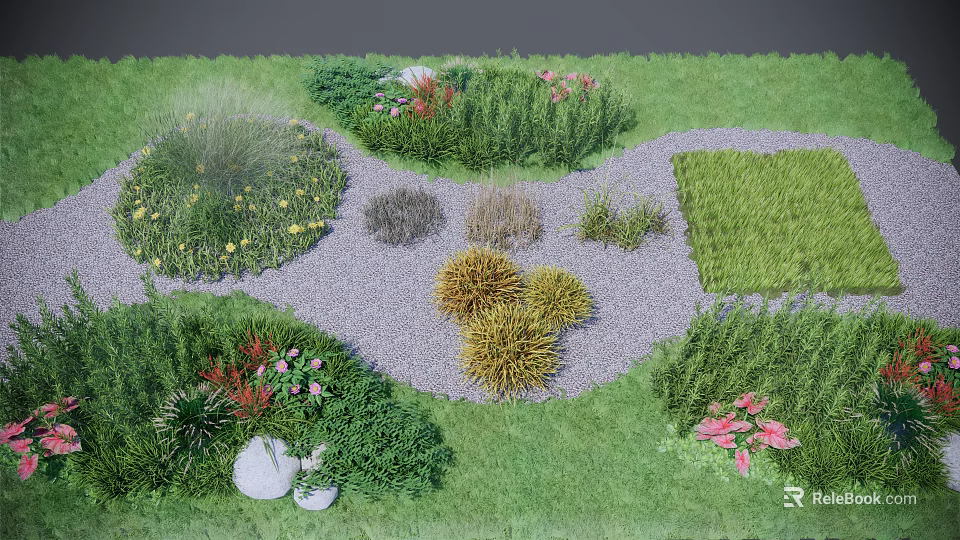 Diverse Ground Cover Plants In Garden With Gravel Path And Colorful Flowers 3d model 