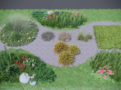 Diverse Ground Cover Plants In Garden With Gravel Path And Colorful Flowers 3d model