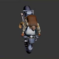 Man Riding Blue And White Motorcycle Wearing Brown Vest And Animal Ear Hat