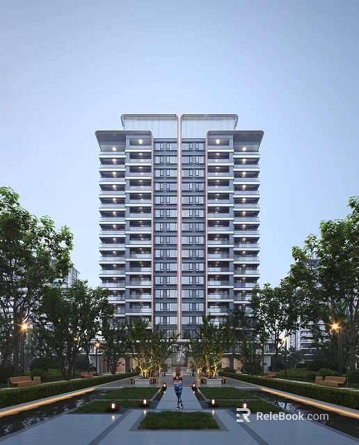 Modern High Rise Residential Building Surrounded by Green Trees With Glass Windows and Balconies 3d model 