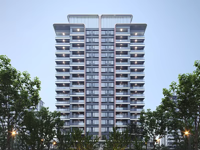 Modern High Rise Residential Building Surrounded by Green Trees With Glass Windows and Balconies 3d model