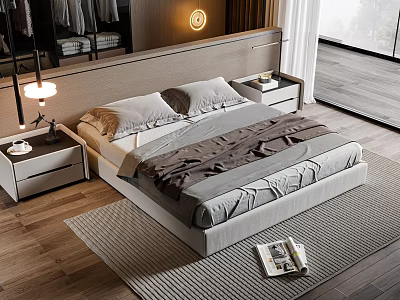 Modern Double Bed In Bedroom With Gray Bedding Nightstand Table Lamp Wooden Floor And Rug 3d model