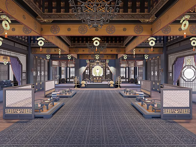 Traditional Chinese Reception Hall Interior With Intricate Wooden Structures Ornate Chandelier And Patterned Carpet 3d model