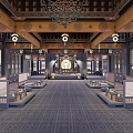 Traditional Chinese Reception Hall Interior With Intricate Wooden Structures Ornate Chandelier And Patterned Carpet