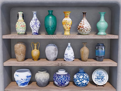 Colorful Decorative Ornament Set with Various Vases and Plate on Wooden Shelves 3d model