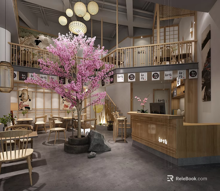 Japanese Style Two Story Restaurant With Cherry Blossom Tree Wooden Structure And Lanterns Reception Desk 3d model 