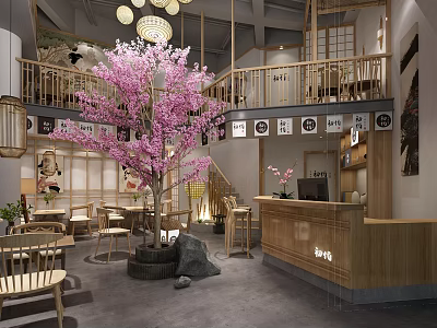 Japanese Style Two Story Restaurant With Cherry Blossom Tree Wooden Structure And Lanterns Reception Desk 3d model