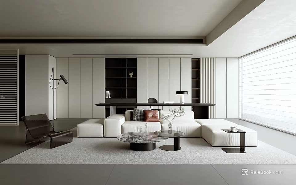 Modern Minimalist Living Room With White Sofa Marble Coffee Table And Black Floor Lamp 3d model 