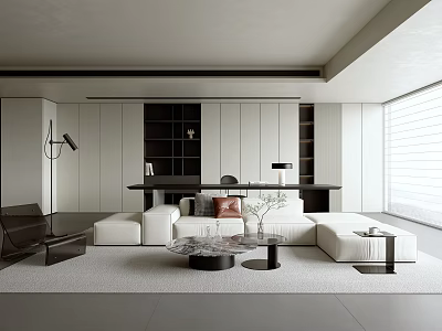 Modern Minimalist Living Room With White Sofa Marble Coffee Table And Black Floor Lamp 3d model