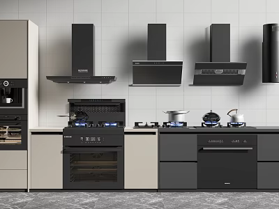 Modern Kitchen Interior With Range Hoods Stovetop Oven Coffee Machine And Appliances 3d model
