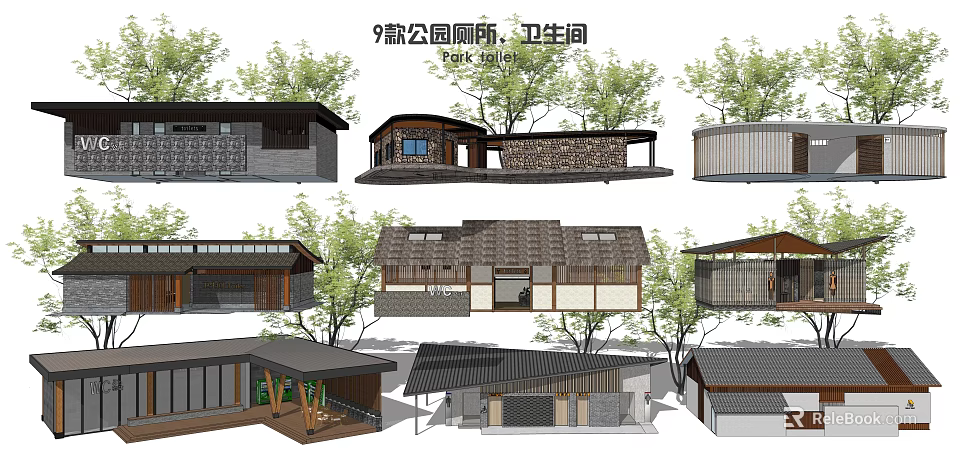 Park Pavilion Architectural Design Featuring Natural Greenery And Wooden Structures 3d model