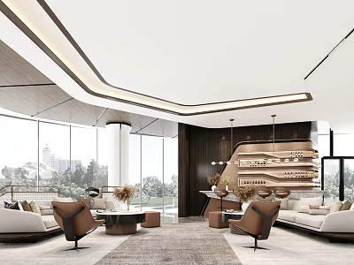 Modern Lounge Area With Comfortable Sofas Floor to Ceiling Windows and Bookshelves 3d model