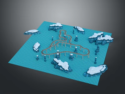 3D Ocean Scene Model With Winding Track Icebergs and Blue Grid Surface 3d model