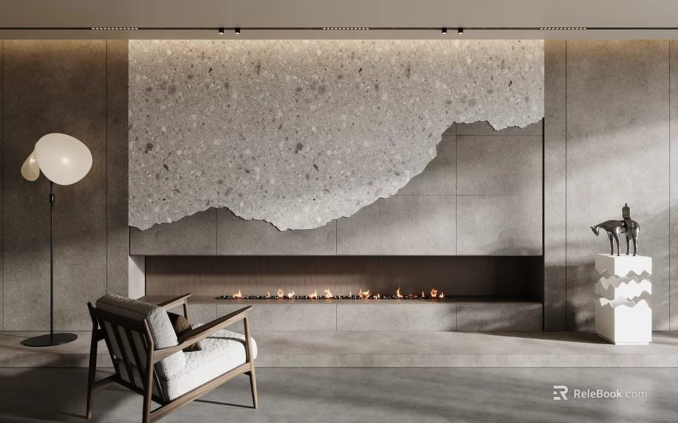 Modern Linear Fireplace in Minimalist Interior with Textured Wall and Chair 3d model 