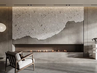 Modern Linear Fireplace in Minimalist Interior with Textured Wall and Chair 3d model