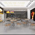 Modern Restaurant Featuring Open Kitchen Dining Tables Chairs Food Display Cabinet Pendant Lights Decorative Painting