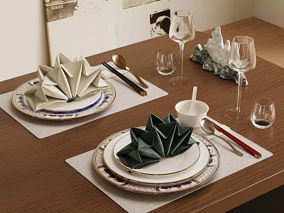 Wooden Dining Table Setting With Lotus Shaped Napkins Placemats Cutlery Glassware And Decorative Sculpture 3d model