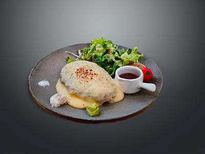 Pan Seared Chicken Breast With Creamy Sauce Fresh Salad Cherry Tomato And Dip 3d model