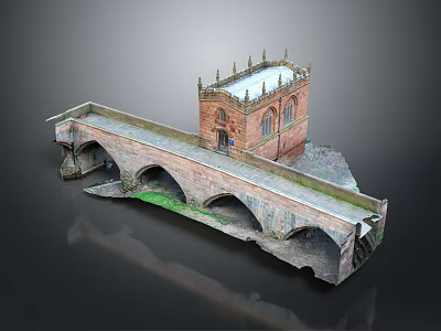 Cartoon Scene of Red Brick Building with Spire Decorations and Arched Bridge with Green Grass 3d model
