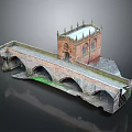 Cartoon Scene of Red Brick Building with Spire Decorations and Arched Bridge with Green Grass