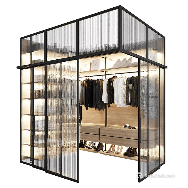 Modern Walk In Closet With Glass Metal Frame For Clothes Shoes Storage 3d model 