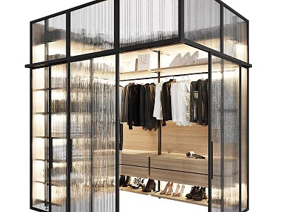 Modern Walk In Closet With Glass Metal Frame For Clothes Shoes Storage 3d model