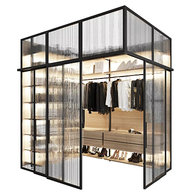 Modern Walk In Closet With Glass Metal Frame For Clothes Shoes Storage 3d model
