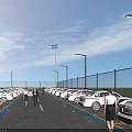Spacious Outdoor Parking Lot With White Cars People Walking Street Lights Fence And Blue Sky
