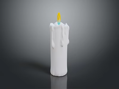 White Candle With Yellow Flame And Melting Wax Drips On Grey Background 3d model