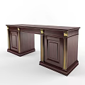 Dark Wood Office Desk With Gold Accents And Cabinet Storage Design