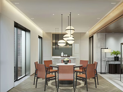 Modern Restaurant Interior Design With Round Dining Table Orange Chairs And Hanging Pendant Lights 3d model