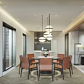 Modern Restaurant Interior Design With Round Dining Table Orange Chairs And Hanging Pendant Lights