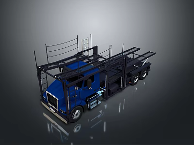 Blue Flatbed Truck With Metal Frame Structure And Multiple Wheels Reflection Effect 3d model