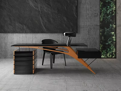 Modern Office Desk With Black Tabletop Orange Frame Black Chair Drawer Cabinet And Green Plant 3d model