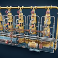 Industrial Pipeline System With Yellow Pipelines Valves And Multiple Cylindrical Units