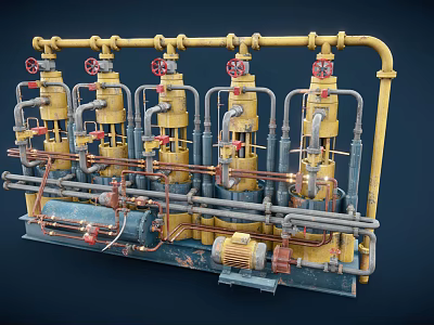 Industrial Pipeline System With Yellow Pipelines Valves And Multiple Cylindrical Units 3d model