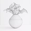 Blue Ceramic Vase With Vertical Stripes Holding White Calla Lilies On Wooden Surface