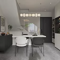 Modern Living And Dining Room Interior With Black Sofa Geometric Rug And Round Pendant Lights