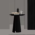 Modern Black Side Table With Conical Base And Decorative Books Vase Bottle