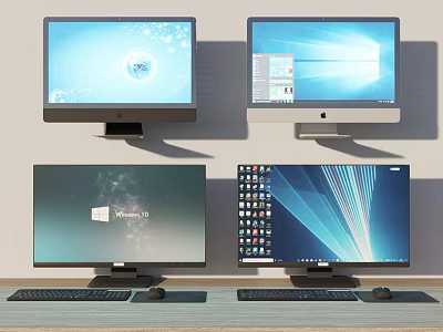 Multiple Computer Monitors Displaying Different OS Interfaces With Keyboards And Mice On Desk 3d model