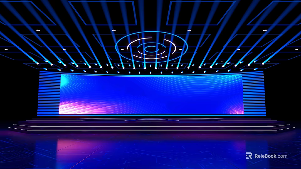 Modern Stage With Large Deep Blue Screen Geometric Ceiling Lines And Circular Halo Lights 3d model 