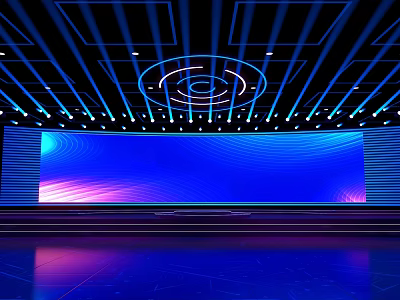 Modern Stage With Large Deep Blue Screen Geometric Ceiling Lines And Circular Halo Lights 3d model