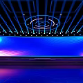 Modern Stage With Large Deep Blue Screen Geometric Ceiling Lines And Circular Halo Lights