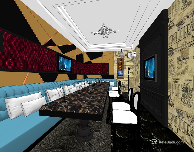 Modern KTV Interior Design With Blue Sofa Long Table And TV Screens 3d model
